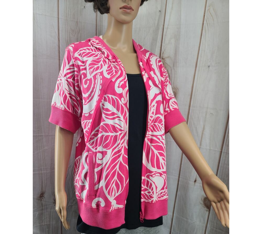 Jones New York Sport Women 2x Fushia & White Hoodie Sweatshirt Jacket S. Sleeves